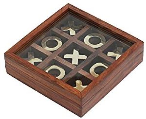 Sheesham Wood Brass Tic Tac Toe Box with Glass Lid Hind Handicrafts products