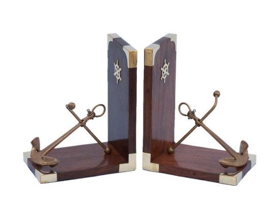 Sheesham Wood Brass Nautical Bookend Set with Pen Holder - Yatch Hind Handicrafts products